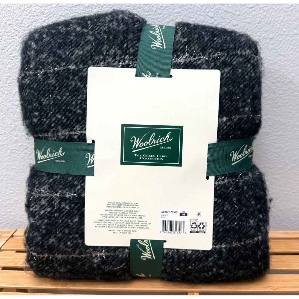 Woolrich‎ Green Label Brushed Wrap Black Grey Plaid Shawl One Size NWT WR010725